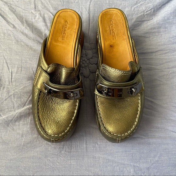 SOLD! Coach Adrienne Leather Wood Clog Mules 💚 - Picture 8 of 13